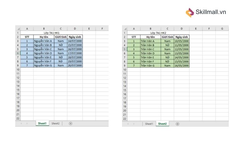 2 sheet có dữ liệu khác nhau