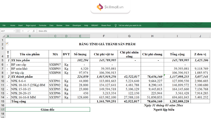 Bảng tính giá thành sản phẩm bằng Excel