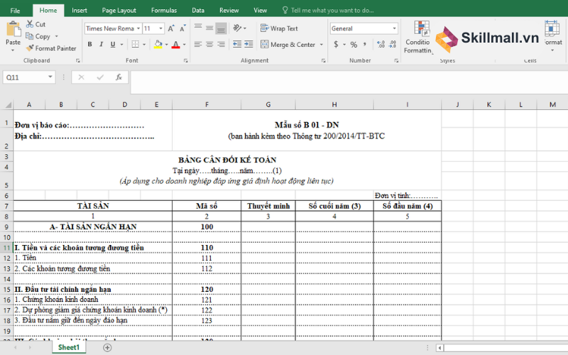 Bảng cân đối kế toán Excel của doanh nghiệp đáp ứng giả định hoạt động liên tục