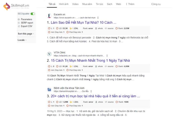 Các thẻ của SEOquake xuất hiện trên SERP Google