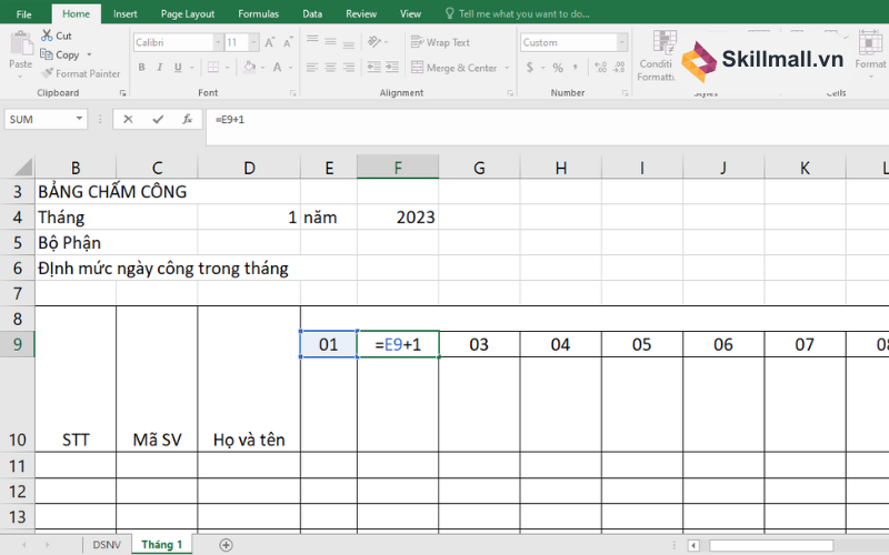 Cách tạo ngày trong bảng chấm công tự động Excel