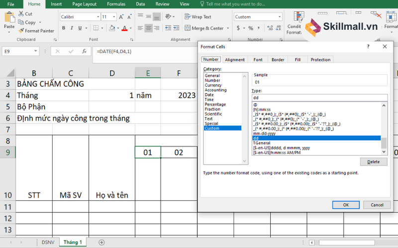 Định dạng ngày trong cách bảng chấm công Excel