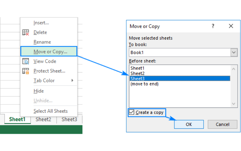 Dùng tính năng “Move or Copy” của excel