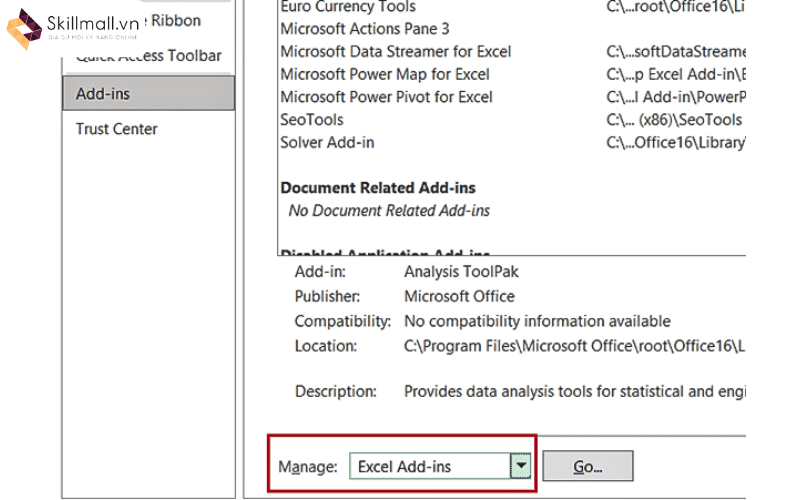 Các bước kích hoạt Data Analysis trong Excel 2016