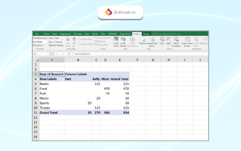 Kết quả sử dụng Pivot table trong Excel để thống kê dữ liệu