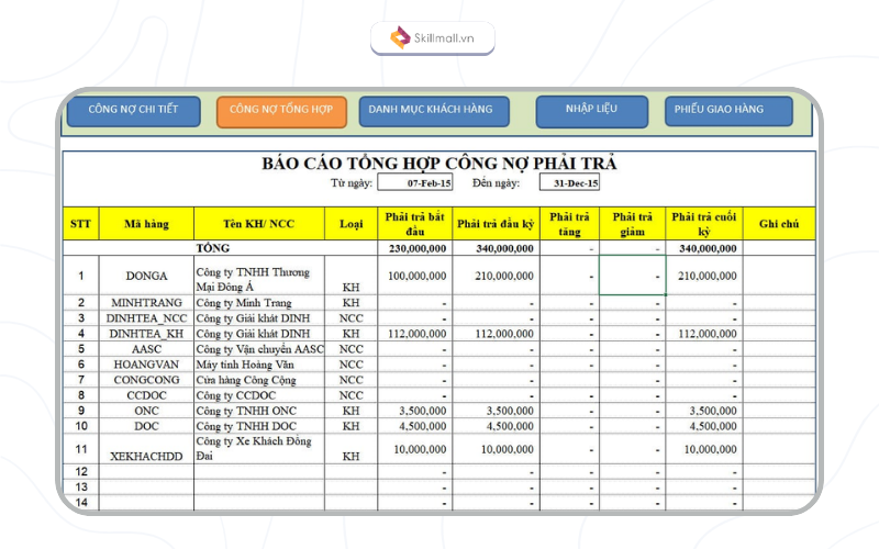 Mẫu báo cáo tổng hợp công nợ phải thu – phải trả trên Excel