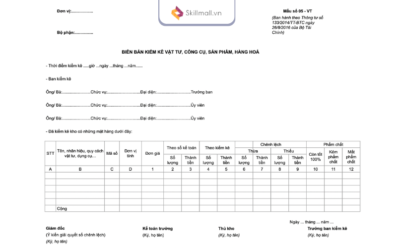 Mẫu biên bản kiểm kê hàng tồn kho Excel theo Thông tư 133/2016/TT-BTC