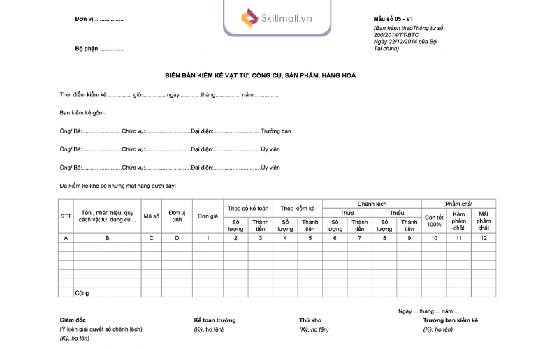 Mẫu biên bản kiểm kê hàng tồn kho Excel theo Thông tư 200/2014/TT-BTC