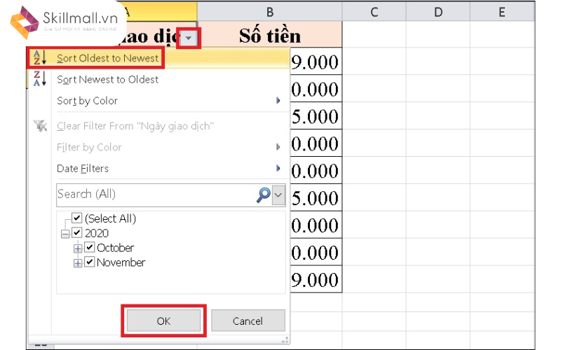 Mũi tên nhỏ ở đầu mỗi cột để lọc ngày tháng