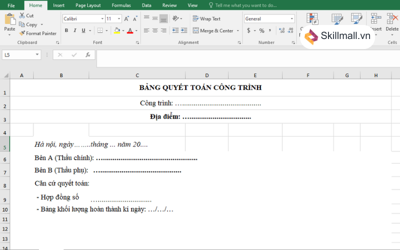 Nhập đủ các thông tin chung của dự án trong file Excel quyết toán công trình