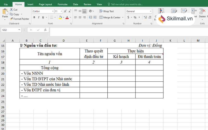 Thiết lập bảng nguồn vốn đầu tư trong file Excel quyết toán công trình