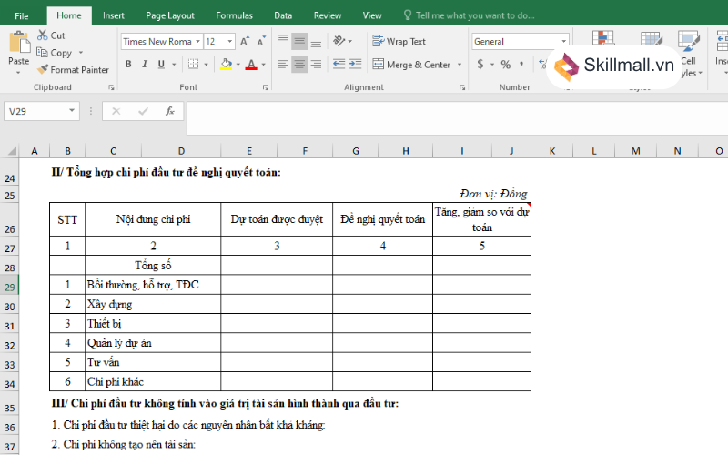 Thiết lập bảng tổng hợp chi phí đầu tư trong file Excel quyết toán công trình