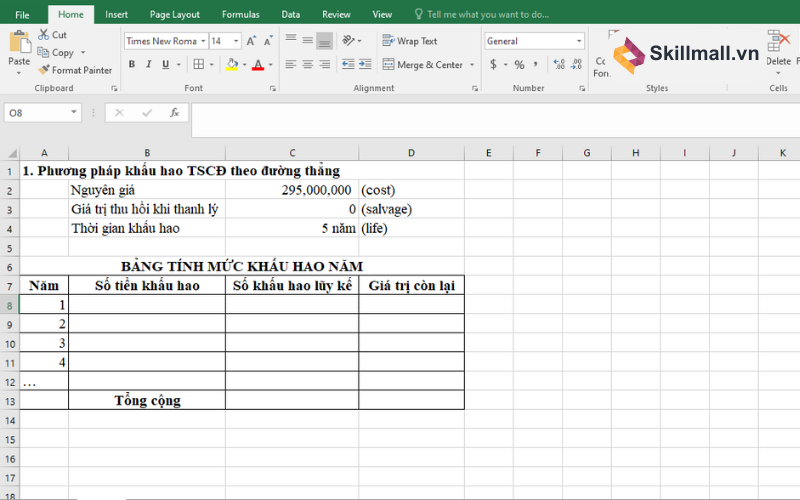 Bảng tính khấu hao tài sản cố định bằng Excel theo đường thẳng