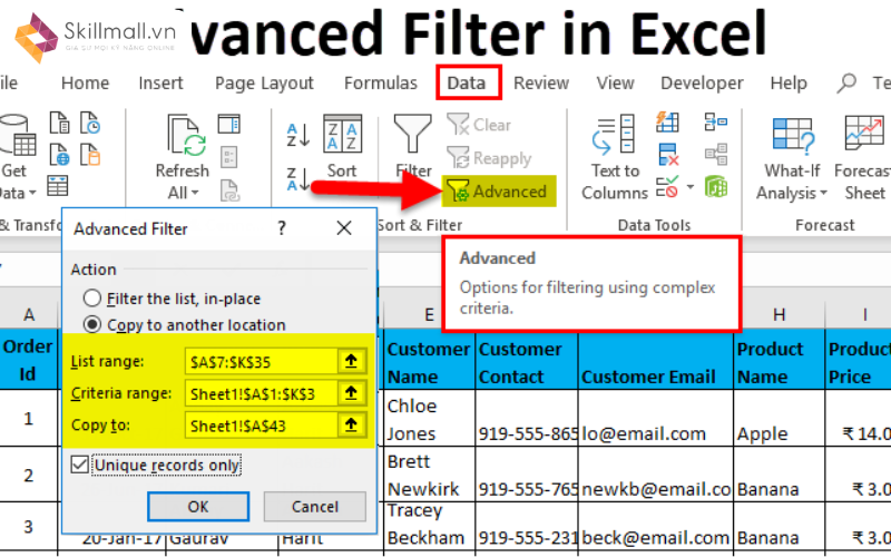 Cách lọc dữ liệu trùng lặp bằng Advanced Filter