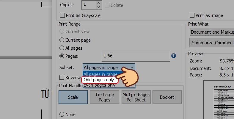 Chọn Odd pages only để in trang lẻ