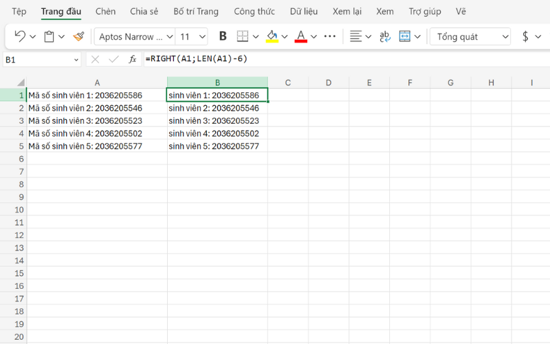 Loại bỏ ký tự đầu trong Excel