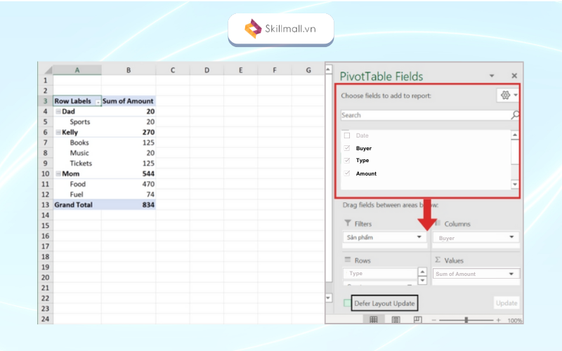 Phân bổ các trường dữ liệu vào các khu vực tương ứng trong bảng Pivot Table