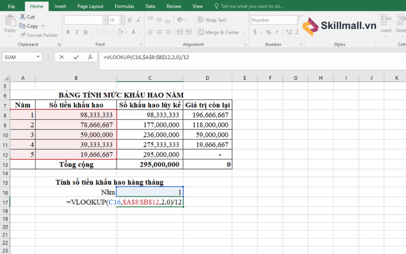 sử dụng hàm VLOOKUP để tính số tiền khấu hao hàng tháng