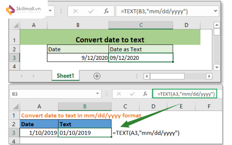 Sử dụng hàm text để chuyển date sang text trong excel